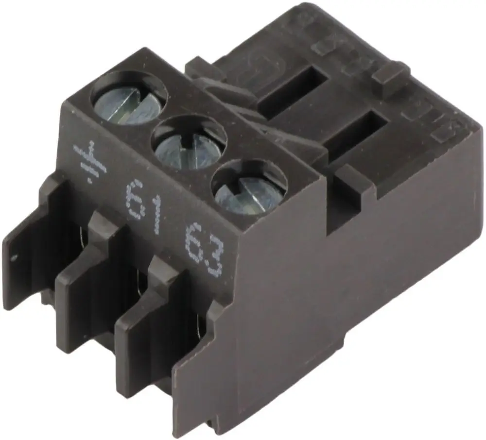 Dunkle Anschlussklemme von Bosch mit drei Anschlussklemmen und Schraubenauslass. Geeignet für elektrische Verbindungen in technischen Anwendungen.